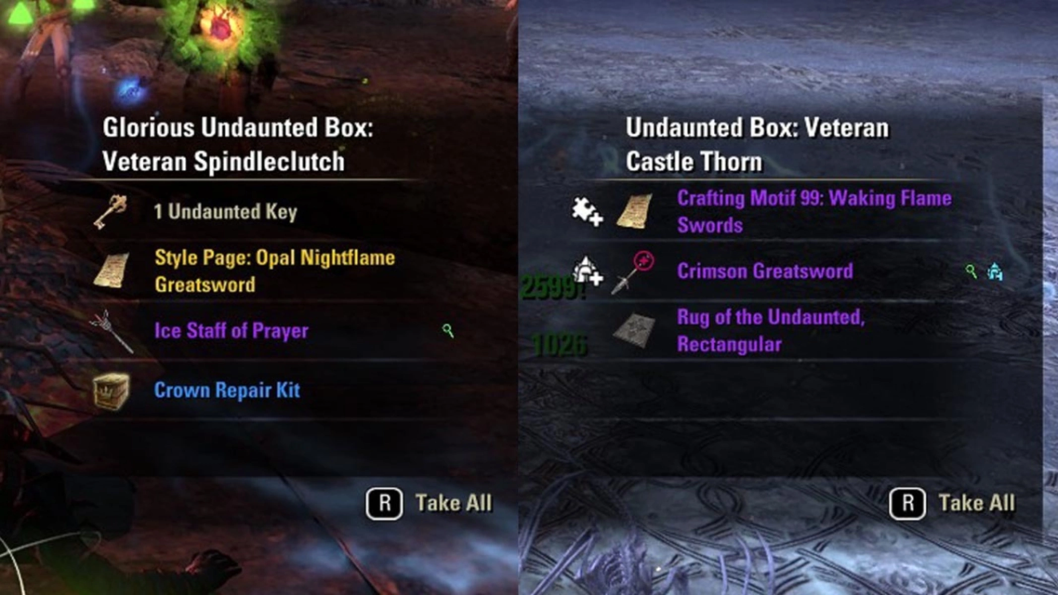 Possible contents of the gold and purple Undaunted Boxes you can get.