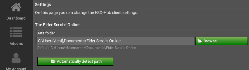 Установи правильный путь к своему каталогу Elder Scrolls Online