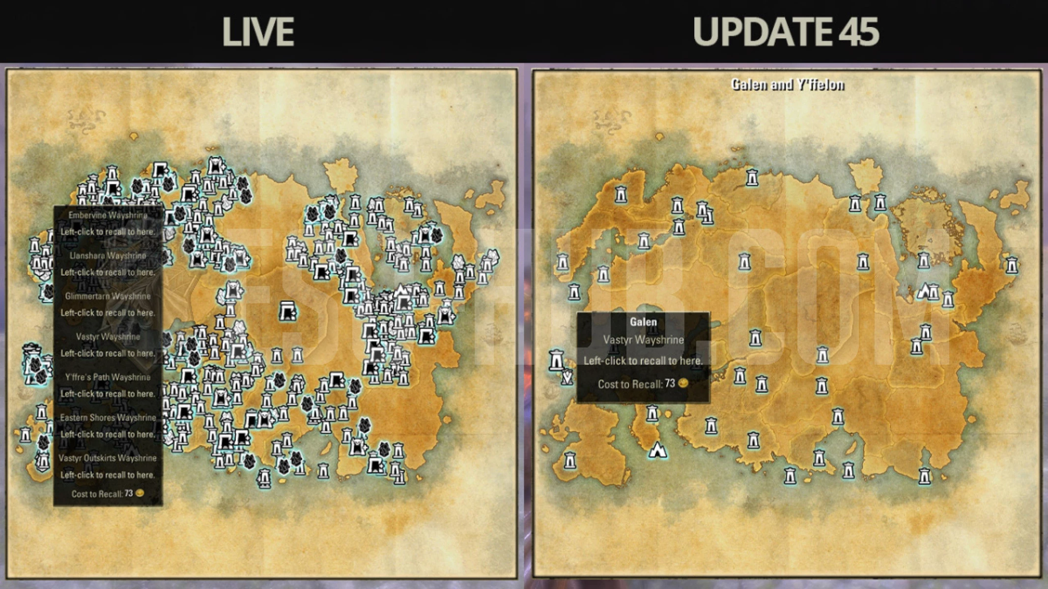 Default Tamriel Map view comparison when hovering over a Galen Wayshrine. 