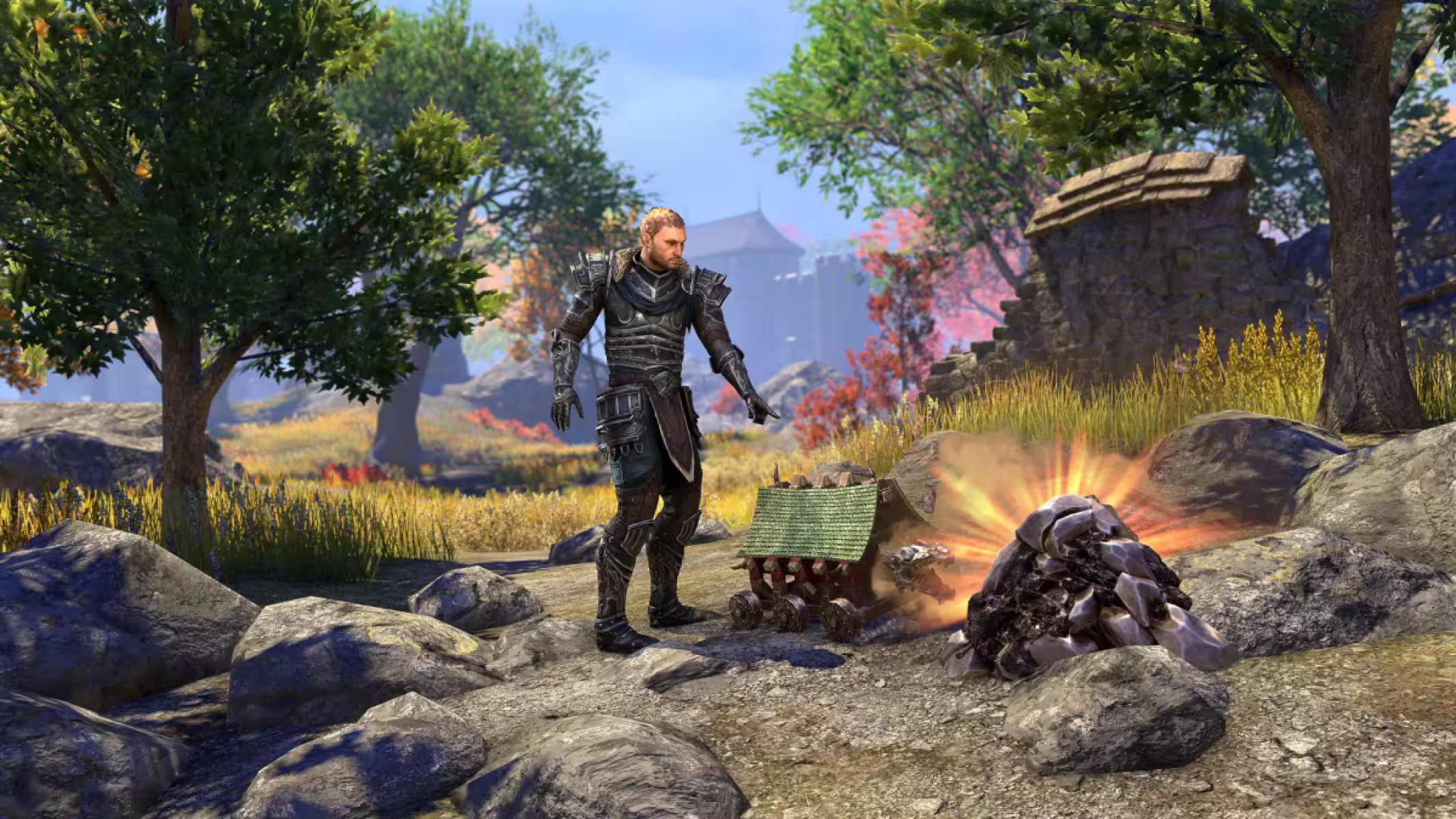 Promotional image of the earnable "Mini Siege Mining" Customized action from the official Elder Scrolls Online news article.