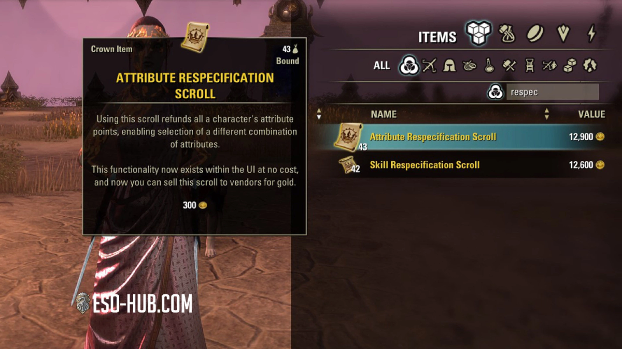 Each Respecification Scroll costs 300 gold when sold to a vendor.