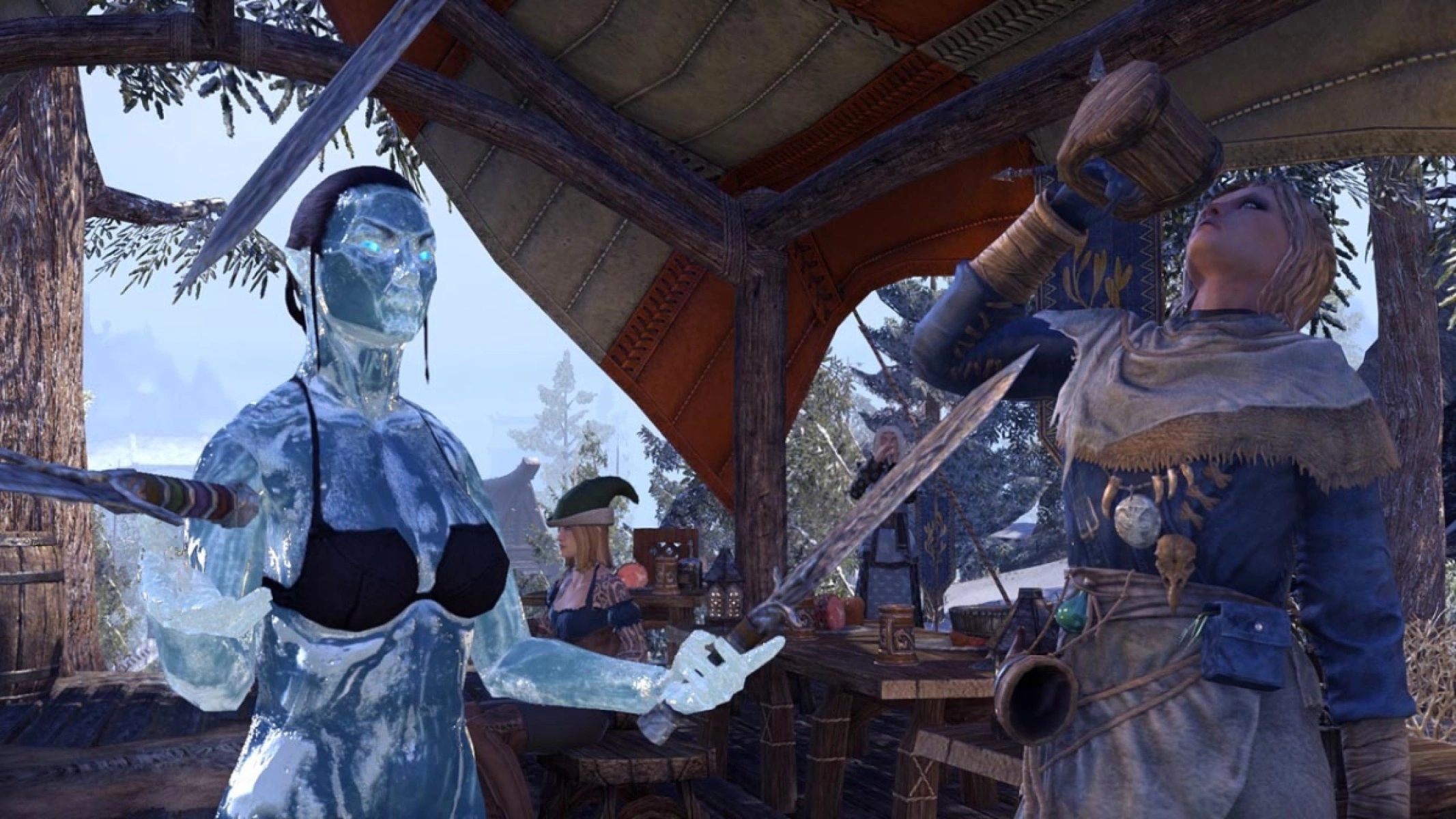 A player character with the Crystalfrost Skin using the Juggler's Knives memento, standing next to the NPC Breda at the New Life Festival tent.
