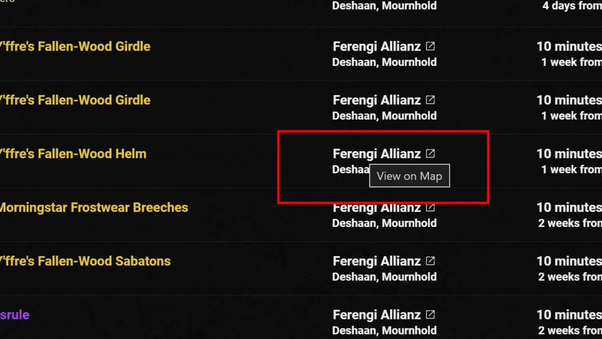 Click on the name of the Guild Trader to see its location in ESO