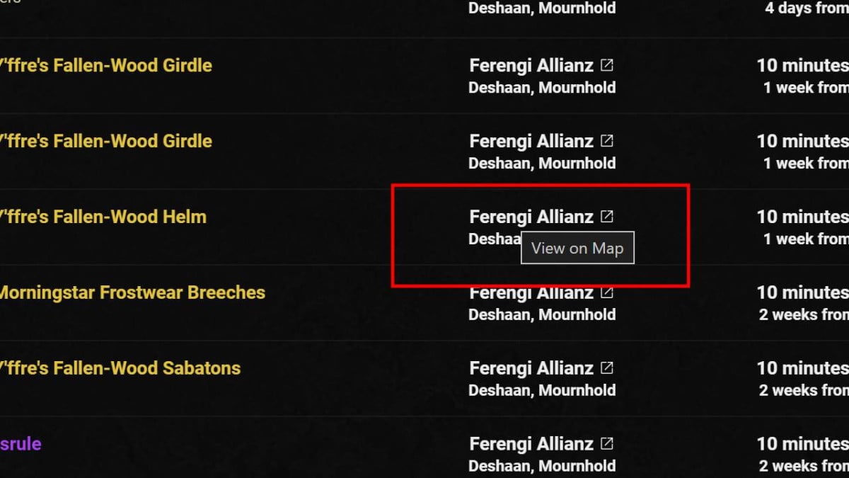 Clique sur le nom du commerçant de la guilde pour voir son emplacement dans ESO.