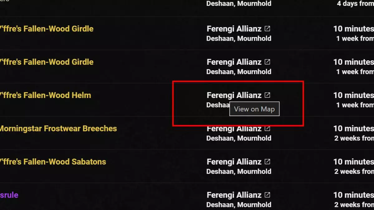 Klicke auf den Namen des Gildenhändlers, um seinen Standort in ESO zu sehen