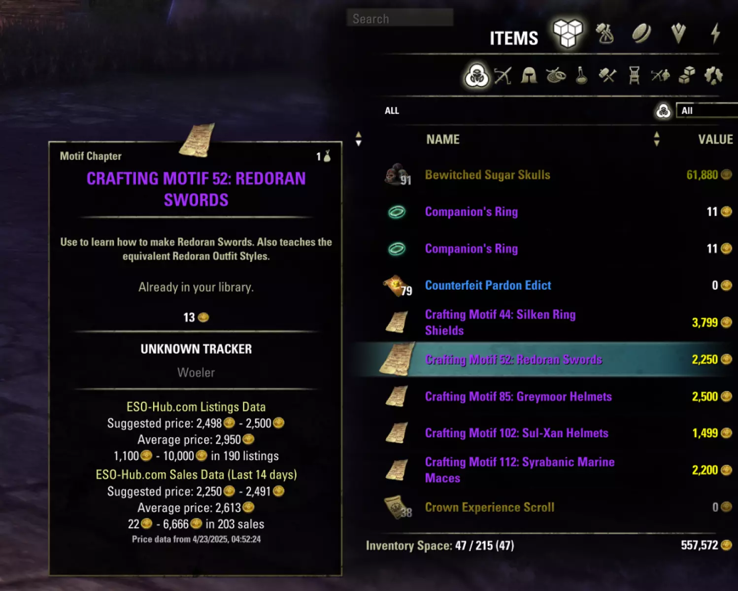 ESO-Hub Fonctionnalité de tarification dans le jeu