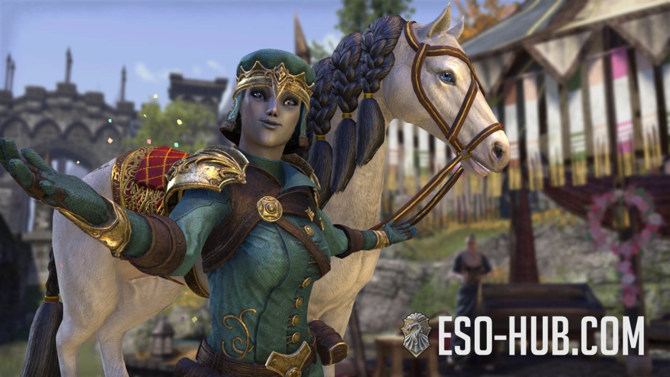 Showcase of ESO Dapper Daredevil outfit style and the Jubilee Steed mount.