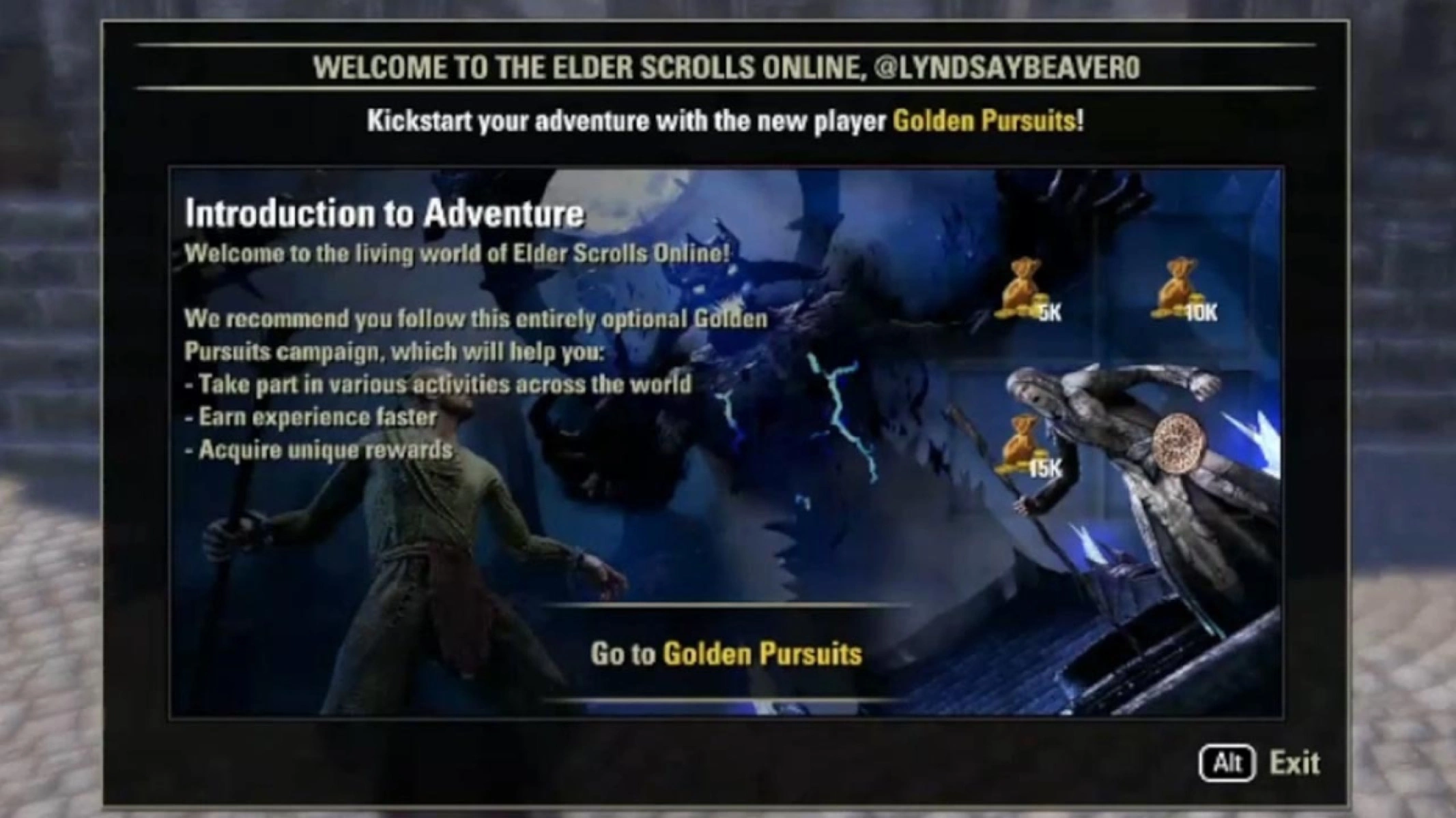 ESO Path to Adventure Golden Pursuit introduction screen for new players