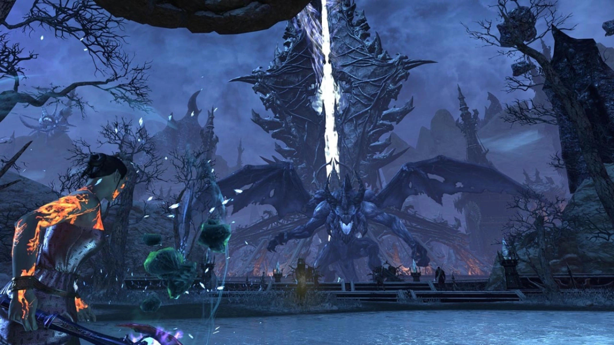 Player character with the Protective Shield staring at Titan Zysax in the Writhing Fortress.