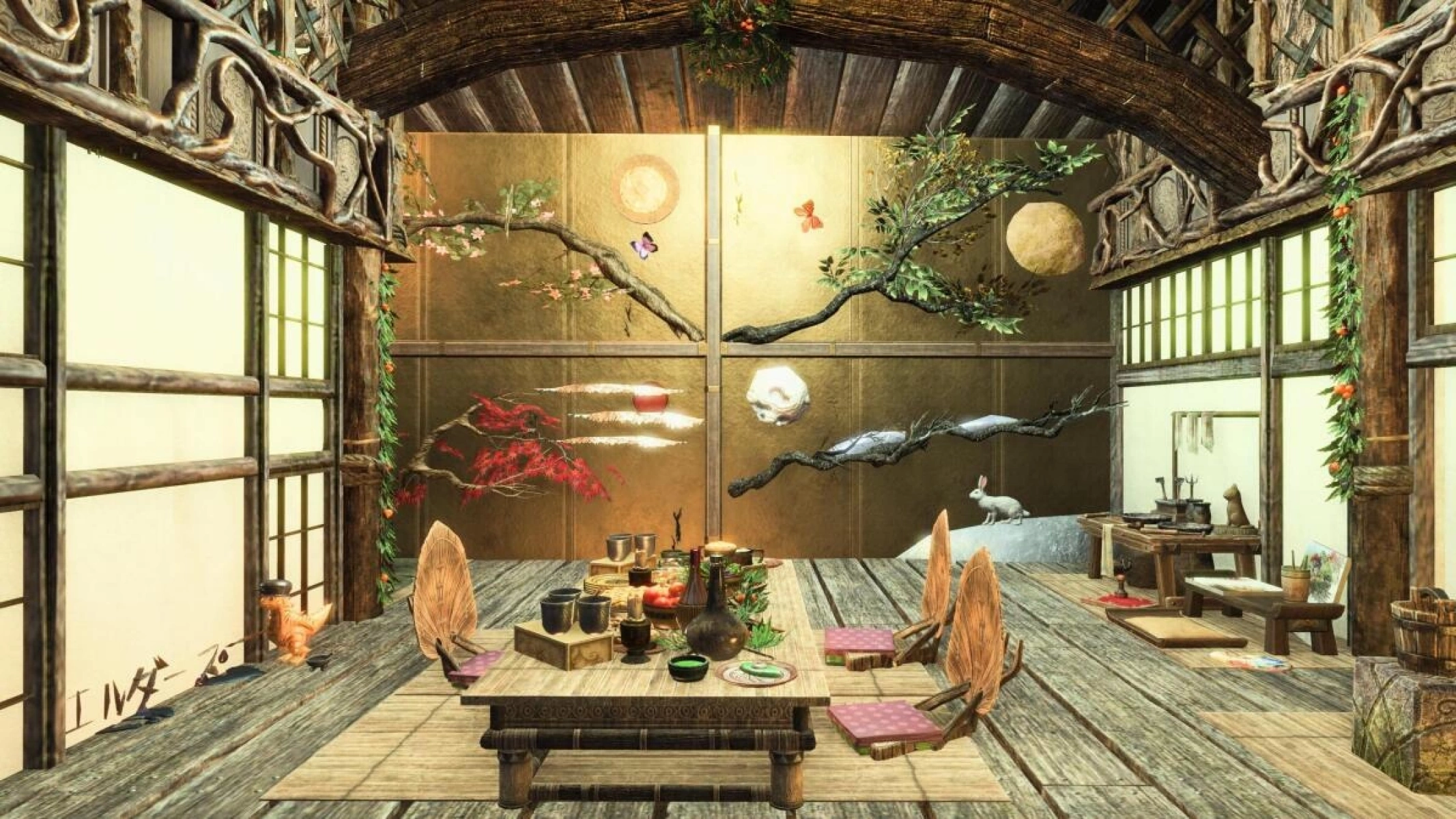 What started as two shooting sets for a picture competition grew into a full Japanese-inspired house built around traditional housing elements and magical creatures. The photo shoot brought together six friends from five countries, none of them used to posing for screenshots: "We just did a hard mode trial," one of them said afterward.
