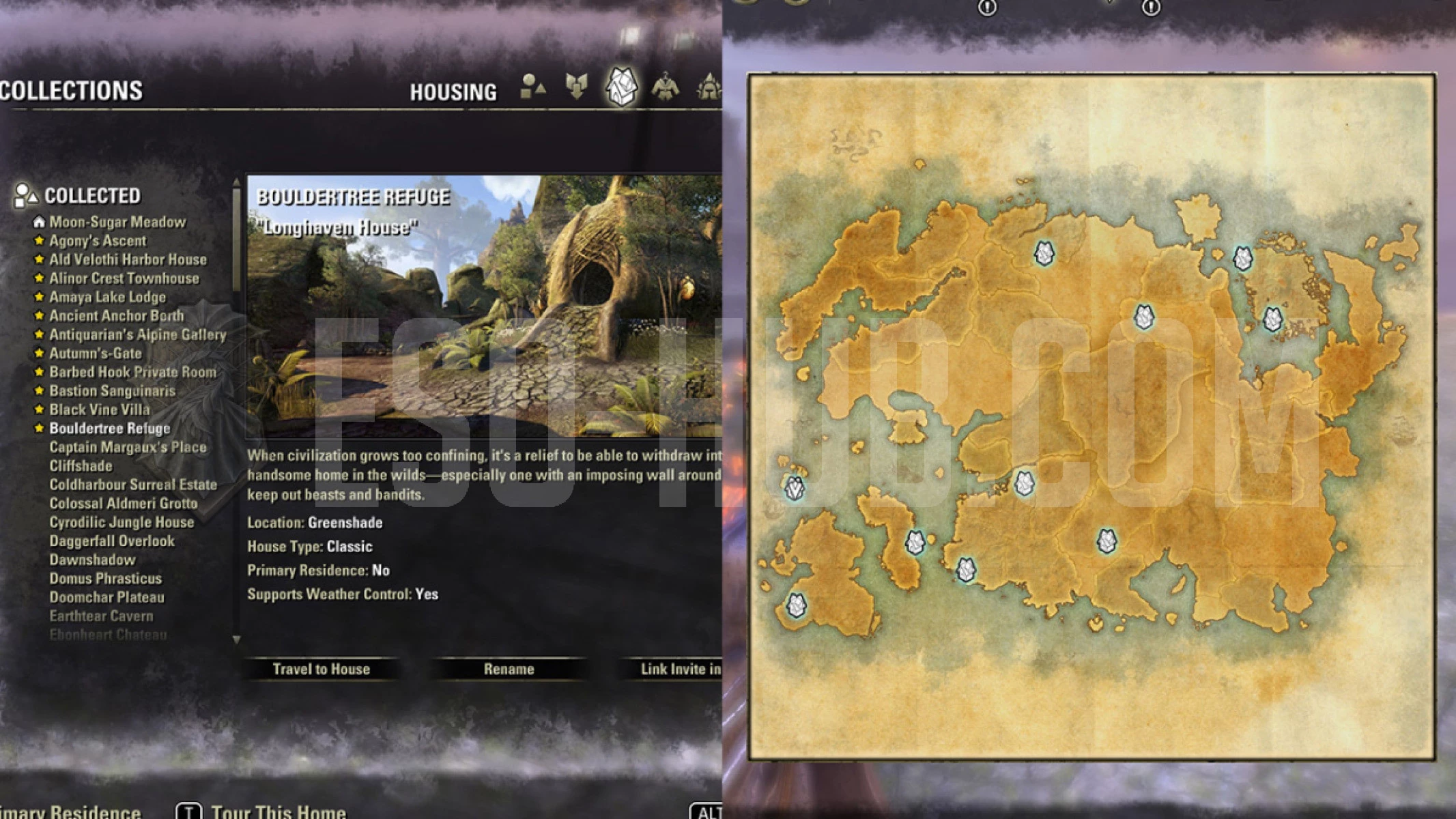 Only your favorited houses show up on the Tamriel Map now. Other filters are turned off for this screenshot.