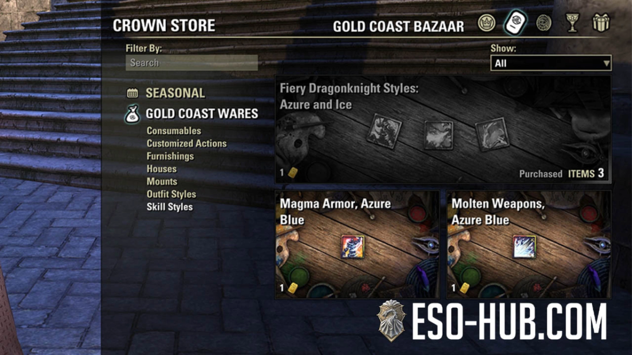 Bazaar storefront with Seasonal and Gold Coast Wares tabs in ESO
