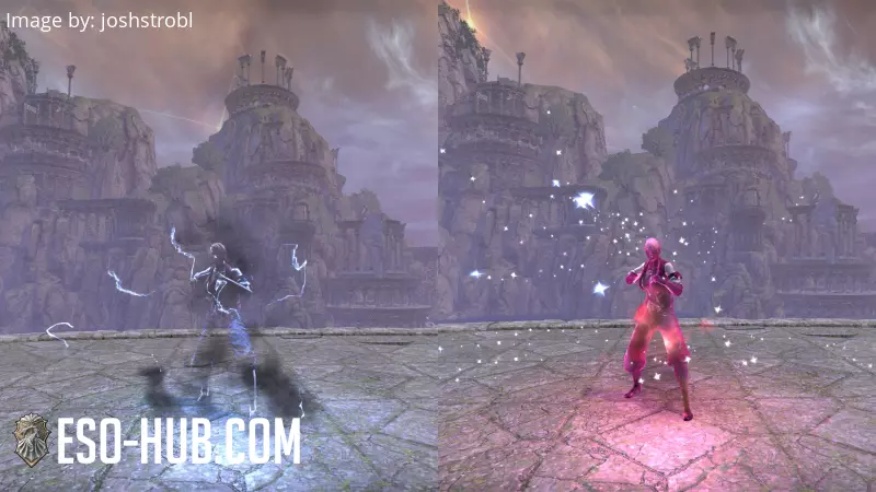 Side-by-side comparison of default style of Lightning Form vs Celestial Warrior style Forma de relámpago: Guerrero Celestial ESO