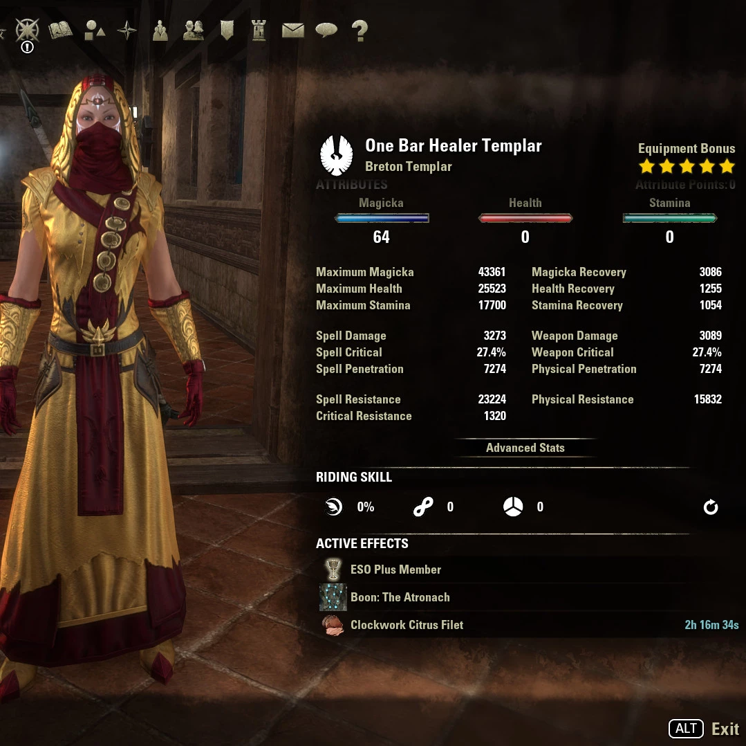 One Bar Templar Healer Build ESO unbuffed stats