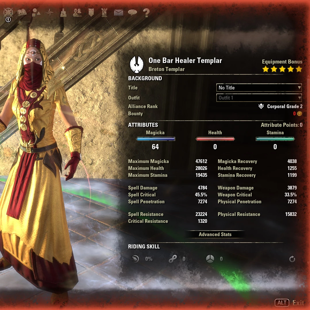 One Bar Templar Healer Build ESO buffed stats