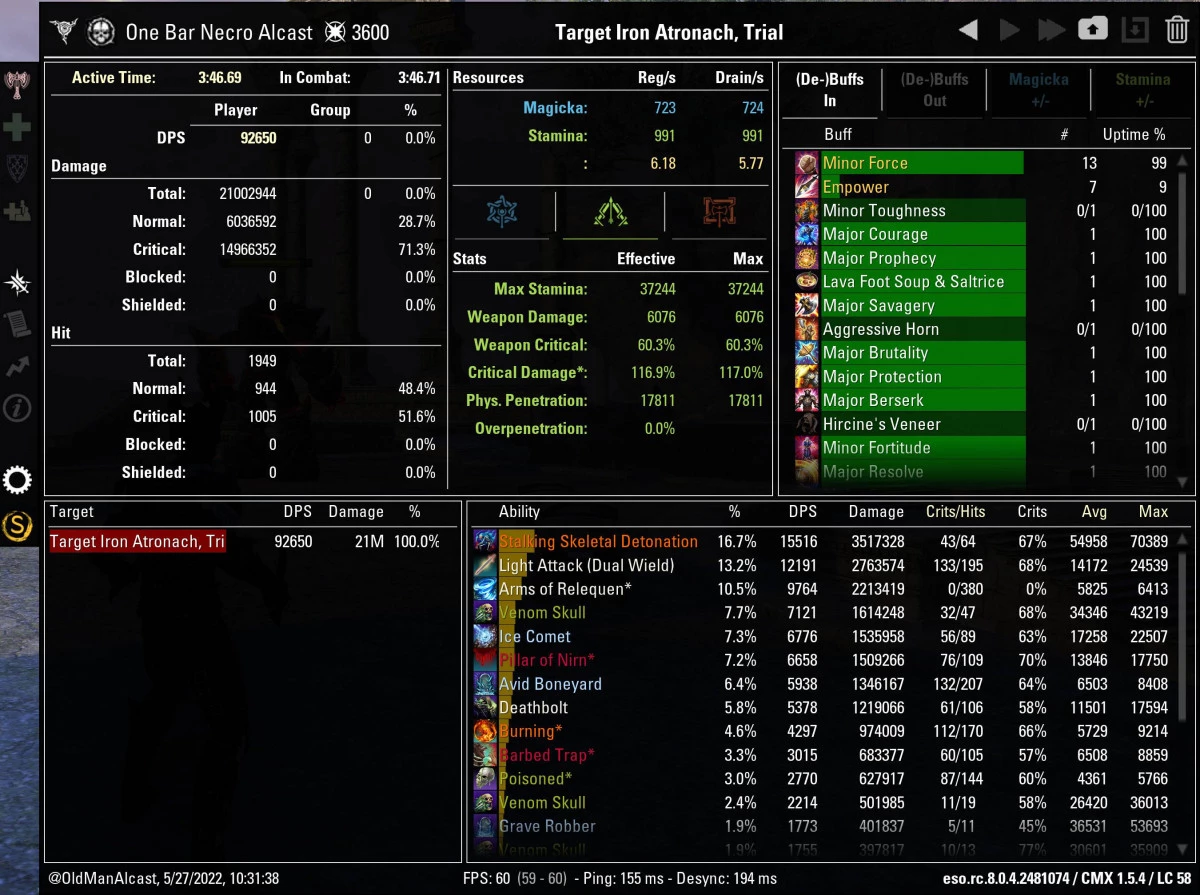 One Bar Stamina Necromancer Build for ESO 92k DPS CMX