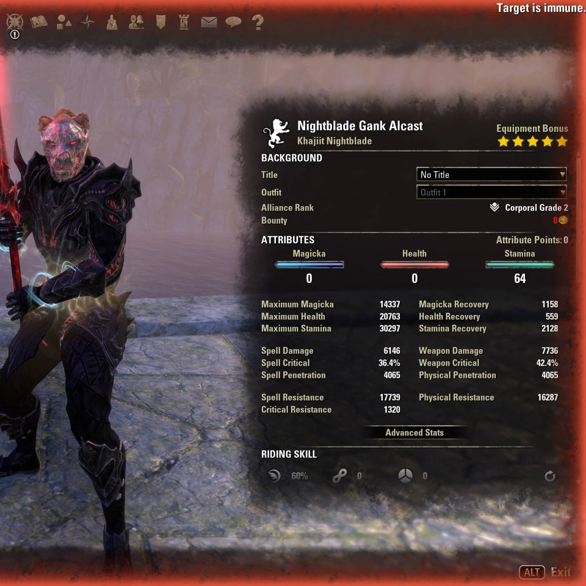 Melee Gank Nightblade Build for ESO One Bar buffed stats