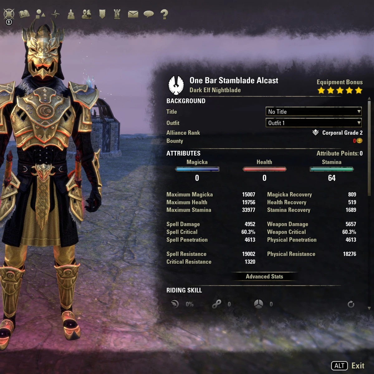 One Bar Stamina Nightblade DW unbuffed stats