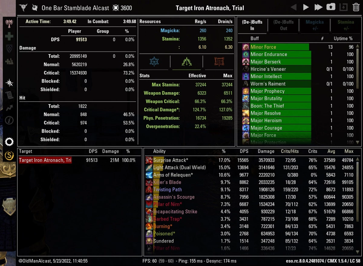 One Bar Stamina Nightblade 91k DPS CMX