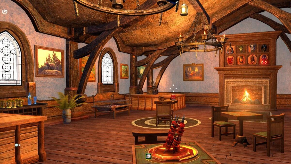 The dining room of the inn... with hunting trophies above (embedded in) the fireplace.