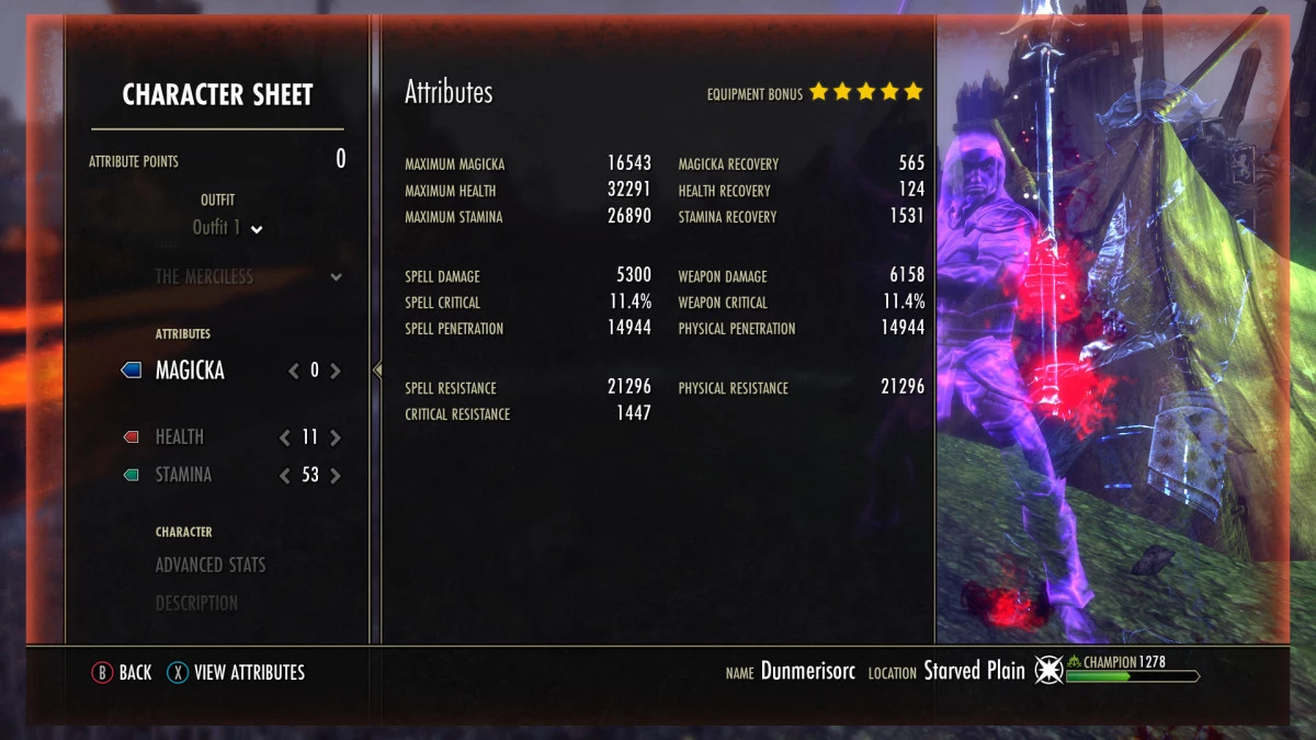 Self buffed stats. Not pictured: 16% damage increase with spec cloak and essence proc.