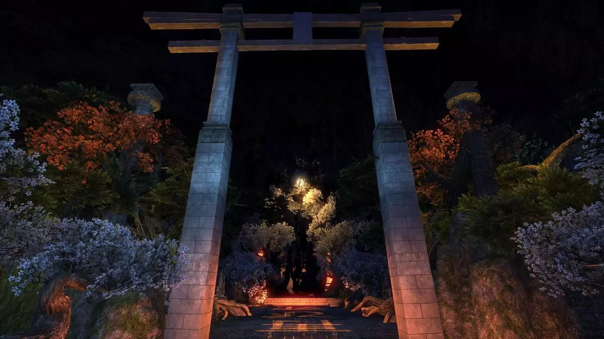 Backside of overlarge torii gate facing house entrance