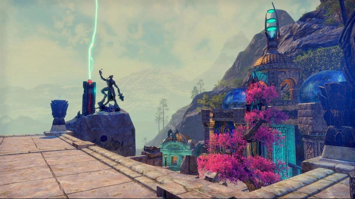 The rock of Molag Bal (with lightining) - Hermaeus Mora keeps an eye on him opposite on the manor wall.