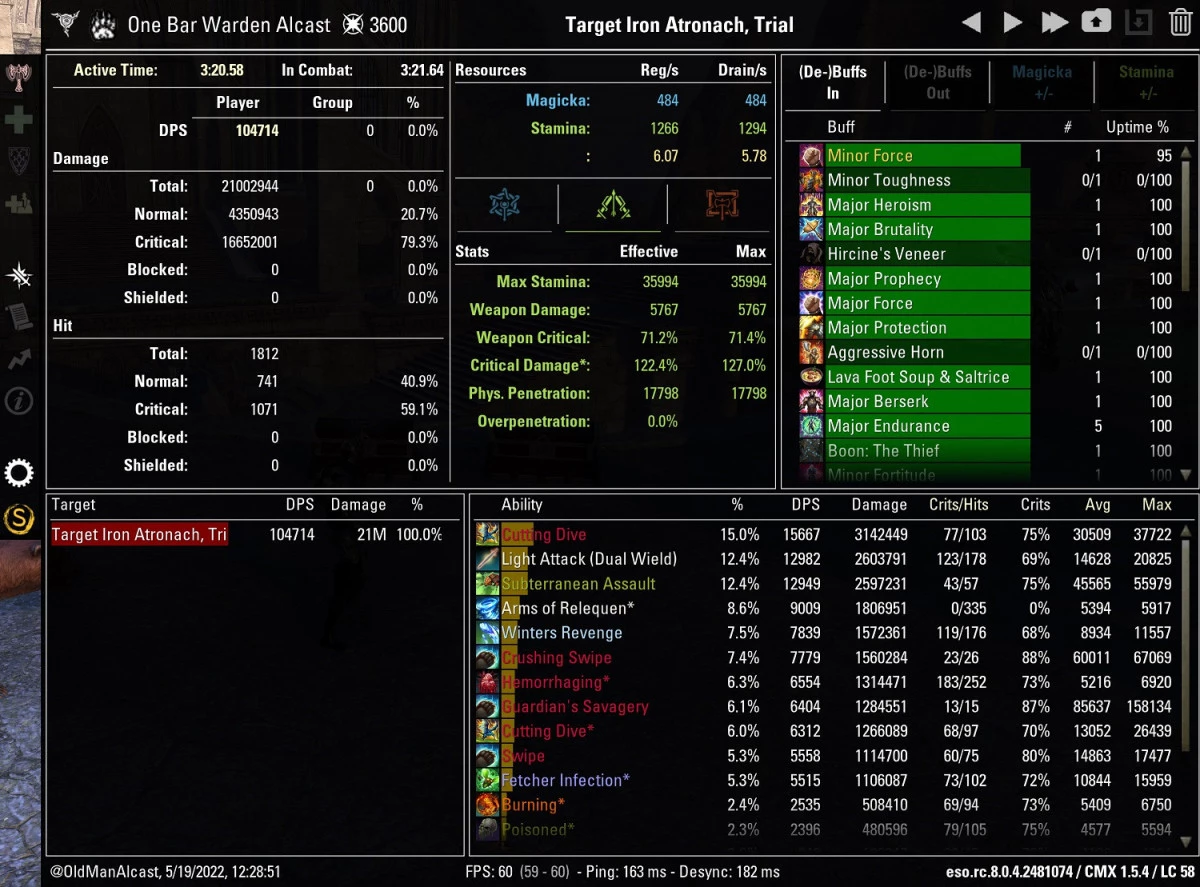 One Bar Stamina Warden 105k DPS CMX