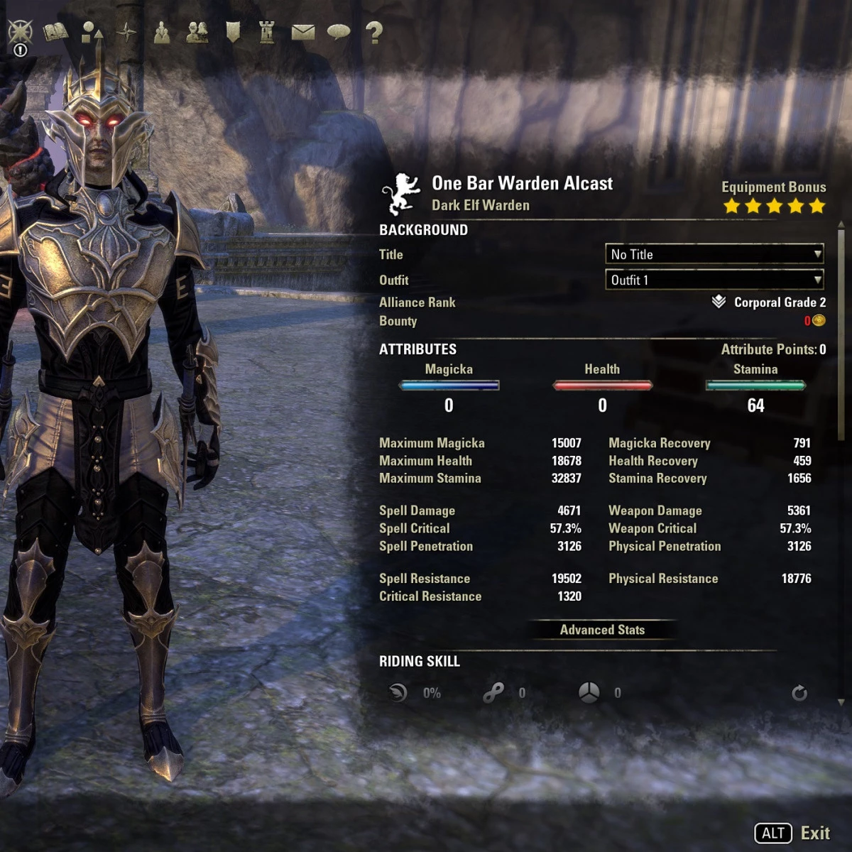 One Bar Stamina Warden unbuffed stats ESO