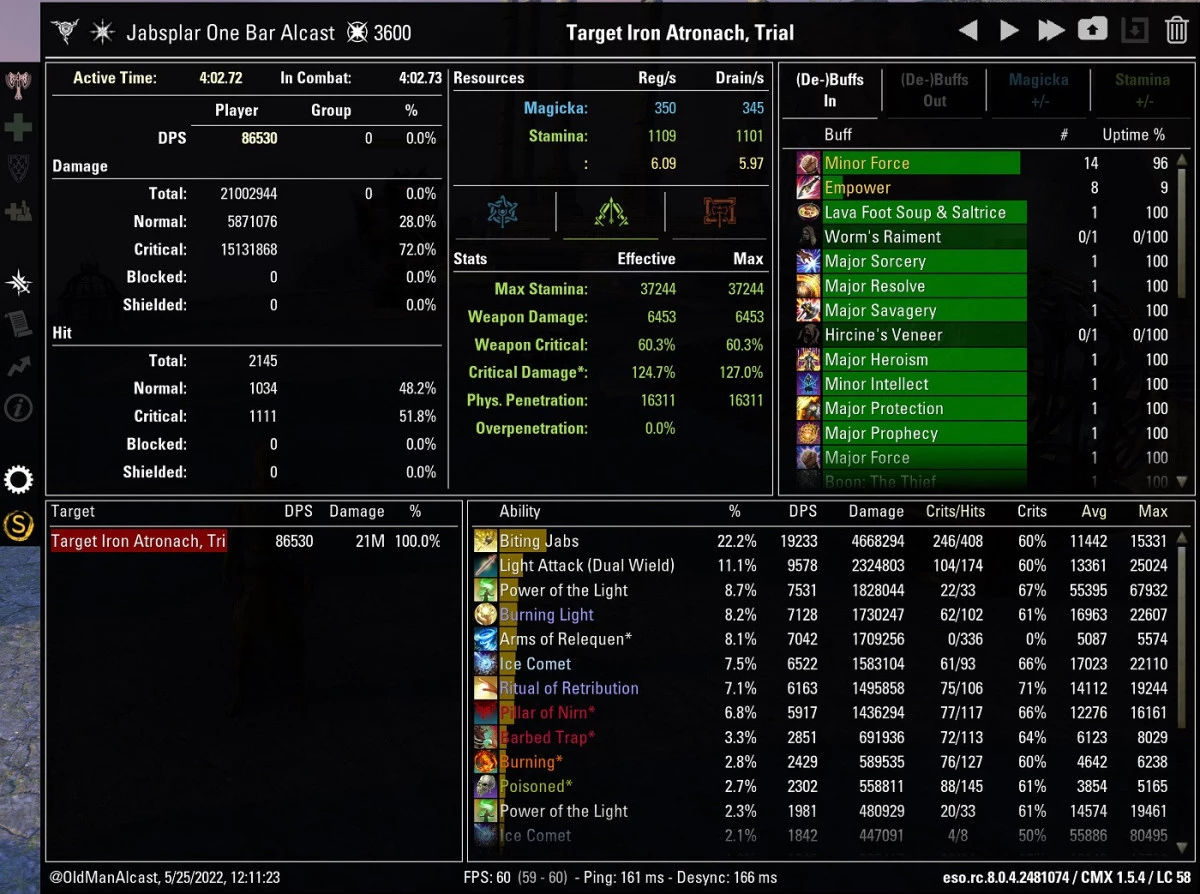 One Bar Stamina Templar Build for ESO 86K DPS CMX