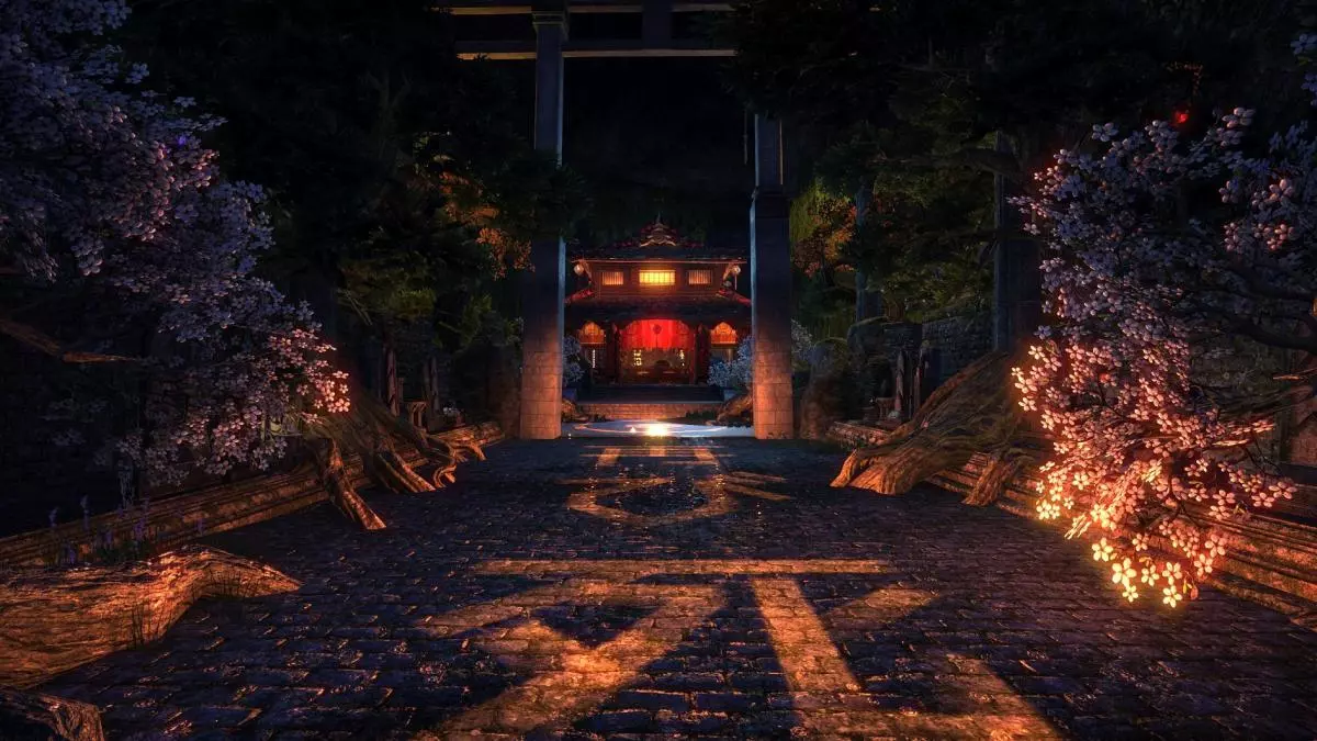 Ramen shop, overlarge torii gate and row of graves as seen from the entrance.
