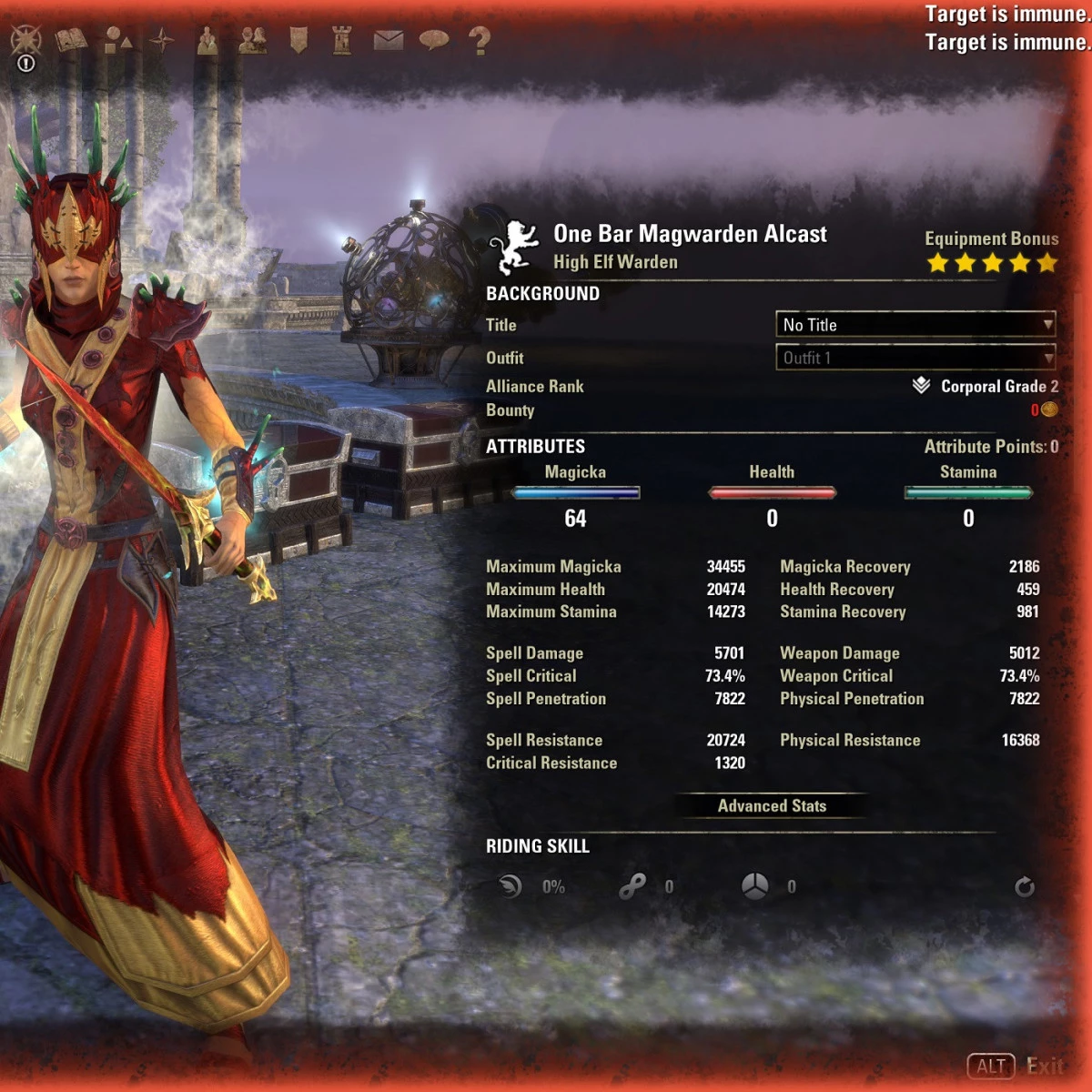 One Bar Magicka Warden Build buffed stats ESO
